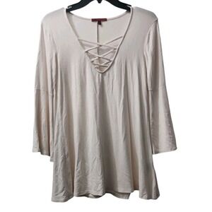 BKEred Tunic Top Criss Cross‎ V Neck Bell Sleeve Casual Beige Small